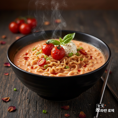 農心 辛ラーメンロゼ、クリーミーなロゼスープに太ちぢれ麺が絡まった丸