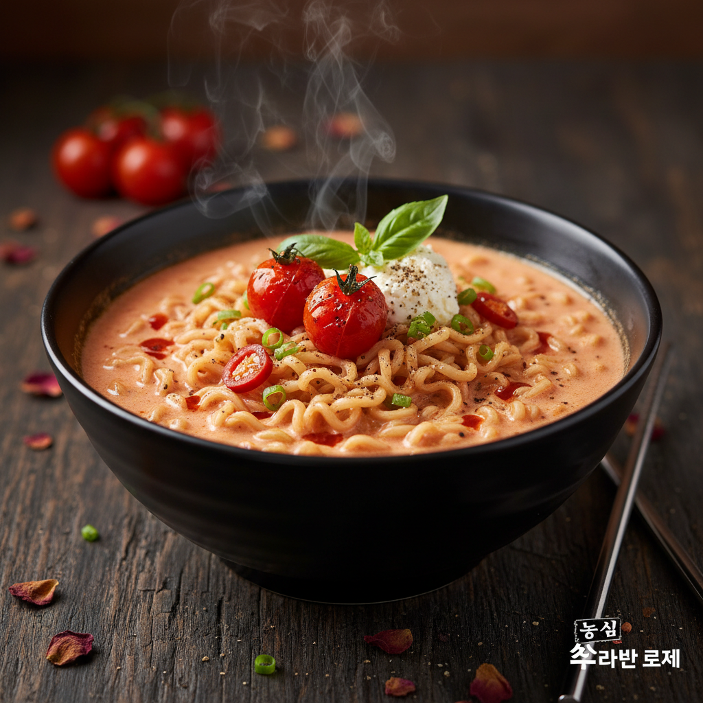 農心 辛ラーメンロゼ、クリーミーなロゼスープに太ちぢれ麺が絡まった丸