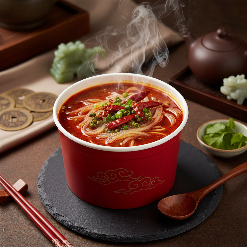 四川料理しびれ王 ミニカップ麻辣湯、赤い辛そうなスープに春雨が入ったカップ
